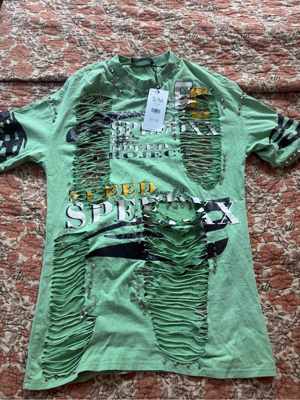 AKIRA Green Distressed Graphic Tee with Stud Accents